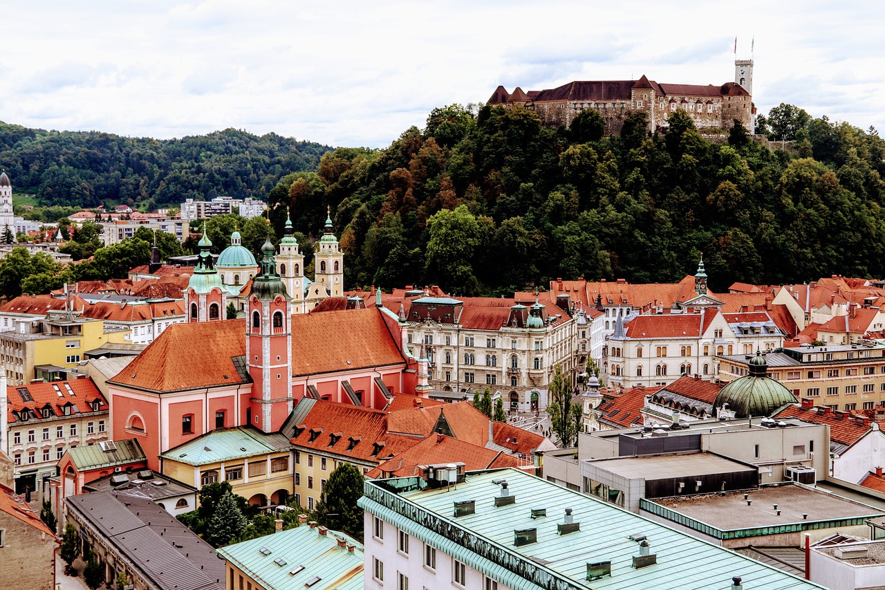 slovenia, ljubljana, tourism, capital city, europe, city, architecture, to travel, church, heaven, bridge, building, historic center, clouds, summer, castle, hill, trees, ljubljana