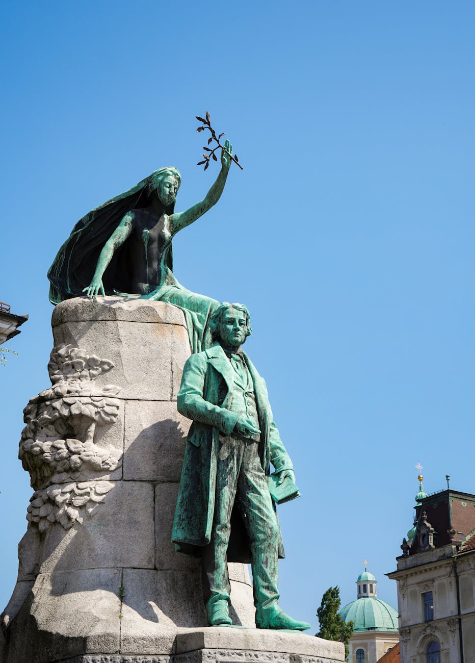 Statue of France Prešeren with muse in central Ljubljana, Slovenia.